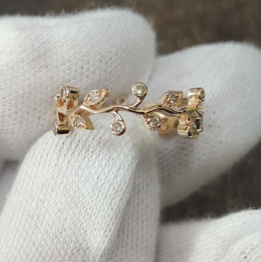 Premium Diamond Rings For Women Jewelry, 14kSolid Gold Diamond Vine &Leaf Eternity Band Real Diamond Fashion Ring Wedding Gift Of Women Band