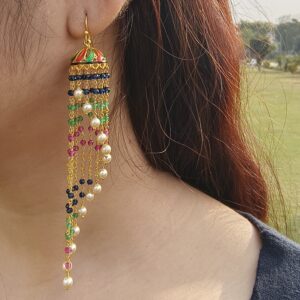 Silver Jhumka Pair, 925 Sterling silver Gold Plated Indian Traditional Jhumka for Women, Spiral Multistone Multicolor Pearl, Modern Jhumkis