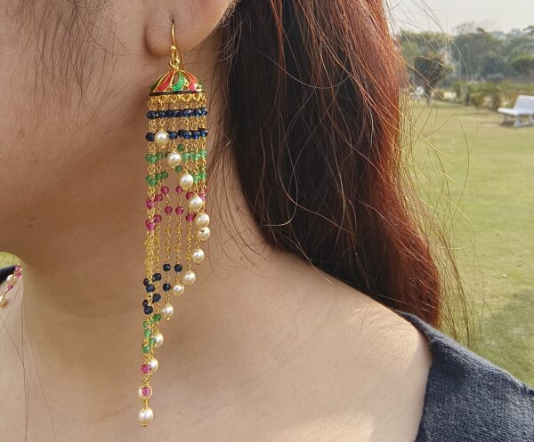Silver Jhumka Pair, 925 Sterling silver Gold Plated Indian Traditional Jhumka for Women, Spiral Multistone Multicolor Pearl, Modern Jhumkis