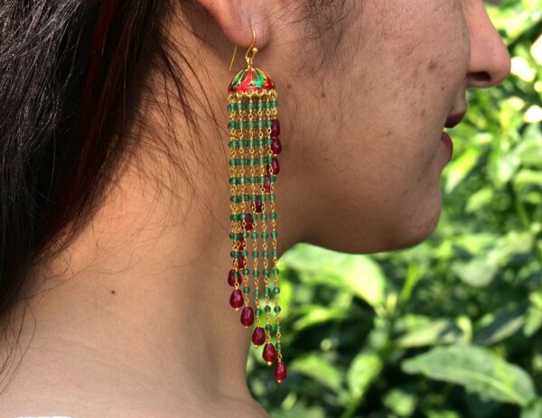 Silver Jhumkas Pair, 925 Sterling silver Gold Plated Indian Traditional Jhumka for Women, Spiral Red and Green Aventurine, Modern Jhumkis