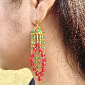 Silver Jhumkas for Women, 925 Sterling silver Gold Plated Indian Traditional Jhumka, Double Spiral Red and Green Aventurine, Modern Jhumkis