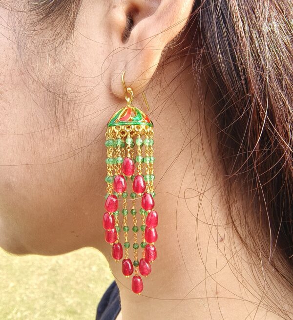 Silver Jhumkas for Women, 925 Sterling silver Gold Plated Indian Traditional Jhumka, Double Spiral Red and Green Aventurine, Modern Jhumkis