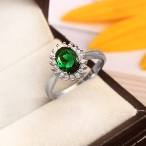 Princess Diana Emerald Diamond Ring, 14k Solid Gold Simulated Emerald and Natural Diamond Ring, Halo Wedding Ring, Bridal Ring, Oval Emerald