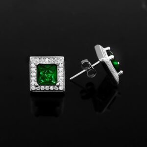 Princess Cut Emerald Stud Earrings Square Emerald Halo Natural Diamond Stud Posts Dainty Petite Pushback Wedding Anniversary Studs for women