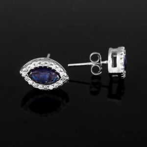 Marquise Cut Blue Sapphire Stud Earrings Halo Set Natural Diamond Studs Posts Dainty Petite Pushback Wedding Anniversary Studs for women