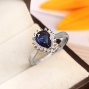 Princess Diana Halo Engagement Ring, 14k Solid Gold Simulated Blue Sapphire and Natural Diamond Ring, Halo Wedding Ring, Pear Cut Sapphire