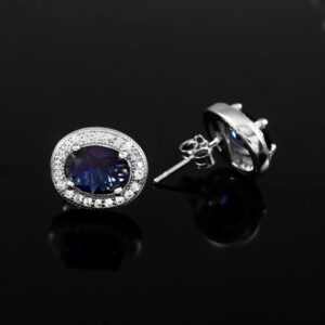 Premium Oval Blue Sapphire Earrings For Women Jewelry, 14k Solid Gold Oval Cut Halo Diamond Stud, Dainty Petite Sapphire Stud Christmas Gift