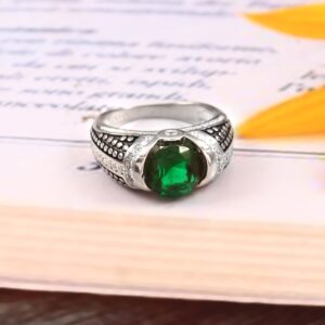 Emerald Vintage Mens Ring, 14k Solid Gold Simulated Emerald & Natural Real Diamonds Antique Oxidised Ring, Solitaire Wedding Ring, Black