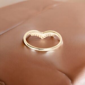Curved Wedding Ring, 14k Solid Gold Chevron Band for women, Dainty V Shaped Chevron Ring, Stacking Midi, Genuine Diamond Ring, Crown Shape