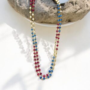 Multicolor Beads Rosary Chain Necklace, 925 Sterling Silver Gold Plated two layers 2mm Natural Gemstones Beads Necklace, Rainbow Necklace