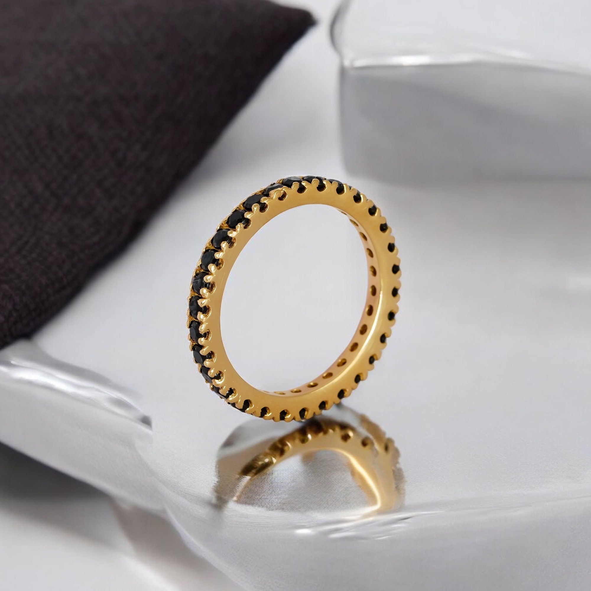 Premium Black 2mm Onyx Eternity Women Bands, 14k Solid Gold Engagement Rings, Art Deco Pave Set Band Wedding Gift Of Band For Women Jewelry