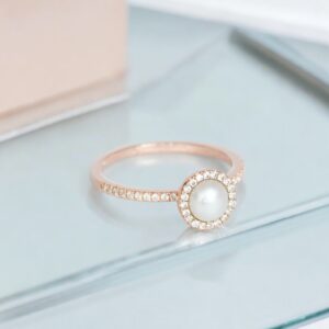 Pearl Engagement Ring, 14k Solid Gold Natural Pearl and Diamond Ring, Solitaire Ring, Art Deco Bridal Ring, Dainty Halo Wedding Ring Women