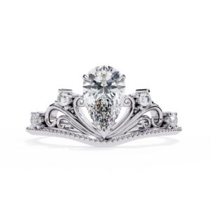 Pear Cut Moissanite Engagement Ring, Crown Shape Ring, Wedding Anniversary, 1ct Moissanite Bridal Ring, Filigree Design, Tear Drop Ring