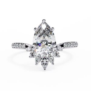 1.5CTW Pear Shape Moissanite Engagement Ring, Accent Side Stones Wedding Ring, Teardrop Pave Set, Claw Prongs, Anniversary Wedding Gift