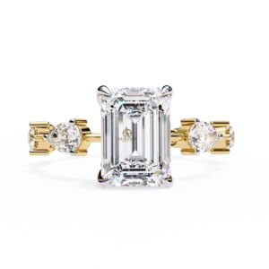 3CT Vintage Emerald Cut Moissanite Engagement Ring, Hidden Halo Solitaire Ring, Gold Distance Pave Wedding Minimalist Bridal Statement Ring