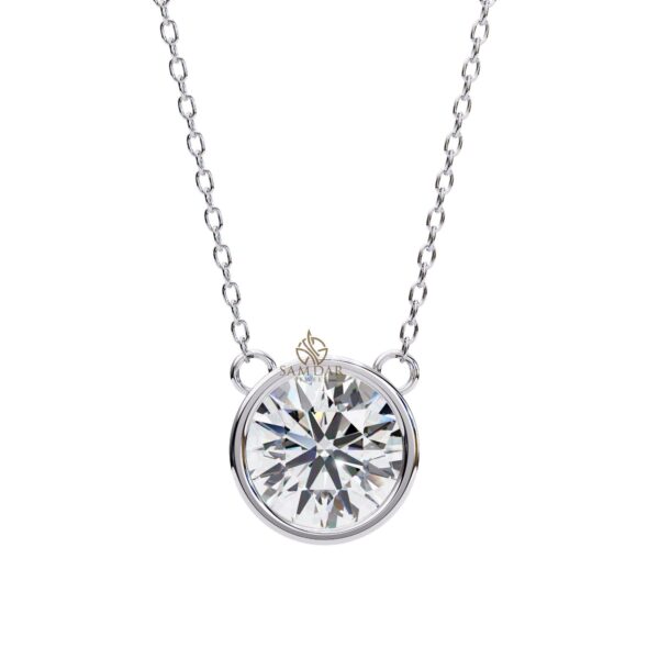 Round Moissanite Pendant Necklace Bezel Set Solitaire 18" Link Chain Minimalist Set Bridal Gift Wedding And Anniversary Everyday Wear