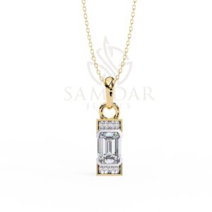 Emerald Cut Moissanite Pendant Necklace with 18" Link Chain Semi Bezel Set Natural Diamond Minimalist Wedding Anniversary Charm Dainty Women