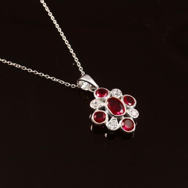 Ruby Pendant Necklace Flower Shape Oval Ruby and Diamond Vintage Art Deco Bezel Set Link Chain Dainty Delicate Pendant Necklace For Women