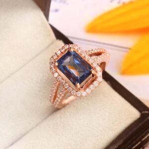 Blue Sapphire Ring Prong Set Emerald Cut Octa Halo Sapphire Wedding Engagement Ring Bridal Minimalist Split Shank Anniversary Gift For Her