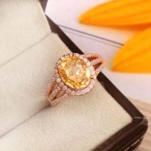 Citrine Engagement Ring Prong Set Oval Cut Halo Yellow Gemstone Split Shank Wedding Ring Bridal Art Deco Three Band Anniversary Gift For Her