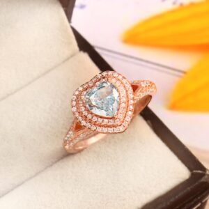 Aquamarine Engagement Ring Prong Set Heart Cut Dual Halo Aquamarine Wedding Ring Bridal Minimalist Split Shank Anniversary Gift For Her